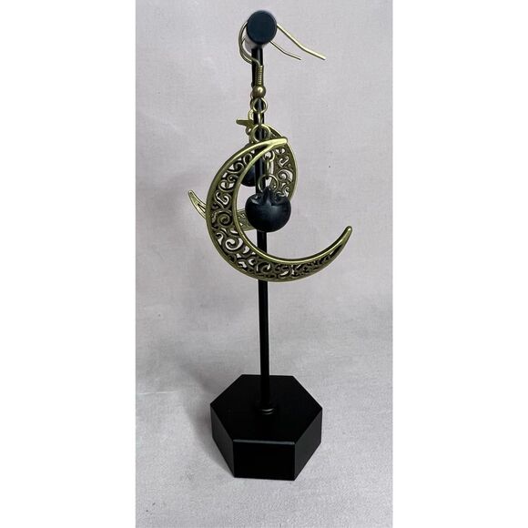 Handmade Bronze Dangly Moon Earrings With Vintage Black Buttons - Picture 3 of 3